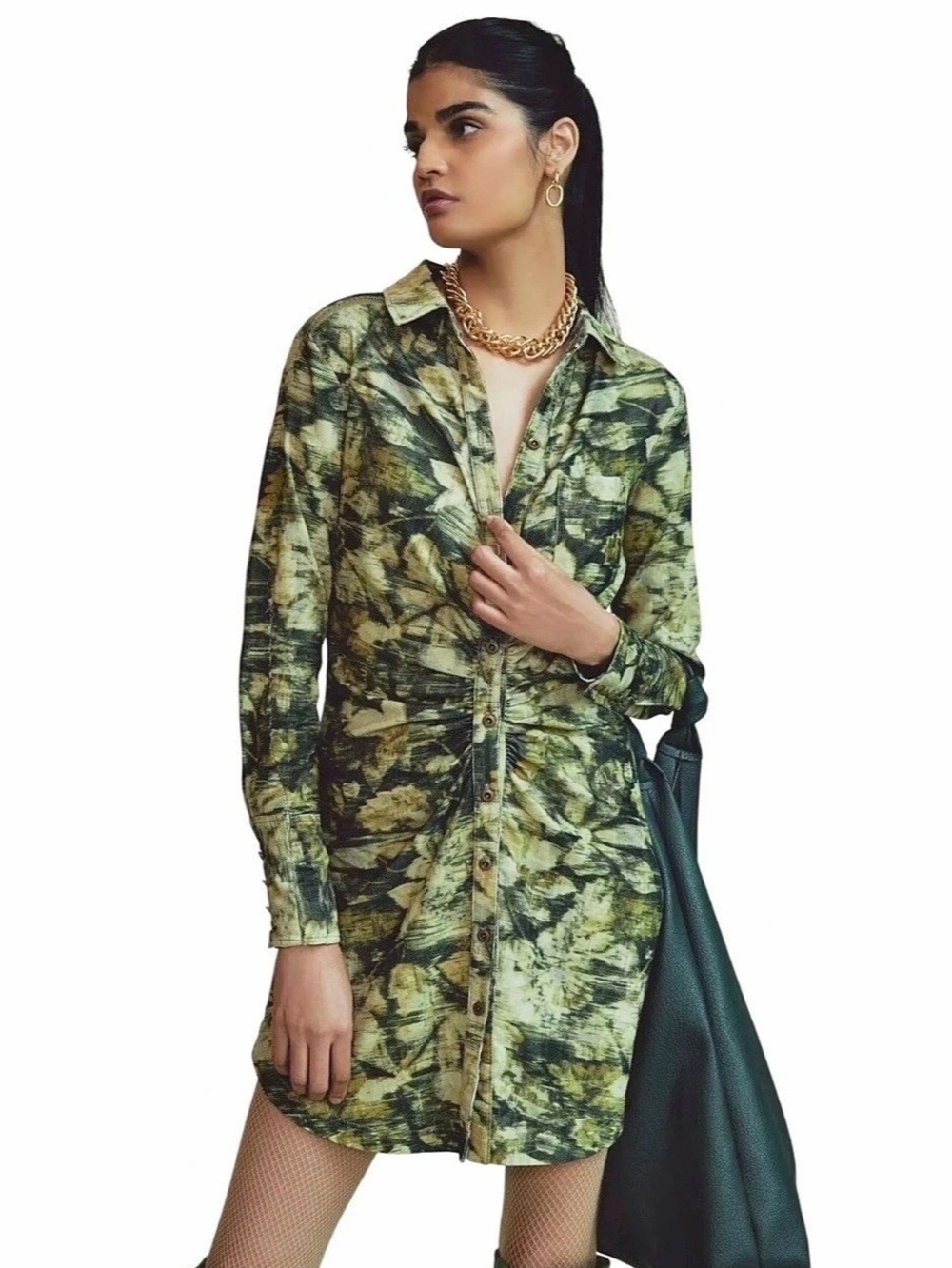 Pilcro Ruched Corduroy Shirt Dress Green Abstract Floral Womens 12 Button Front